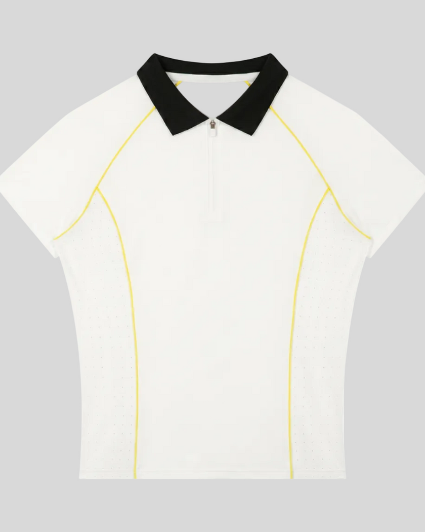 TrackLine Court Polo in White featuring a quarter-zip collar, slim fit silhouette, and contrast piping details.