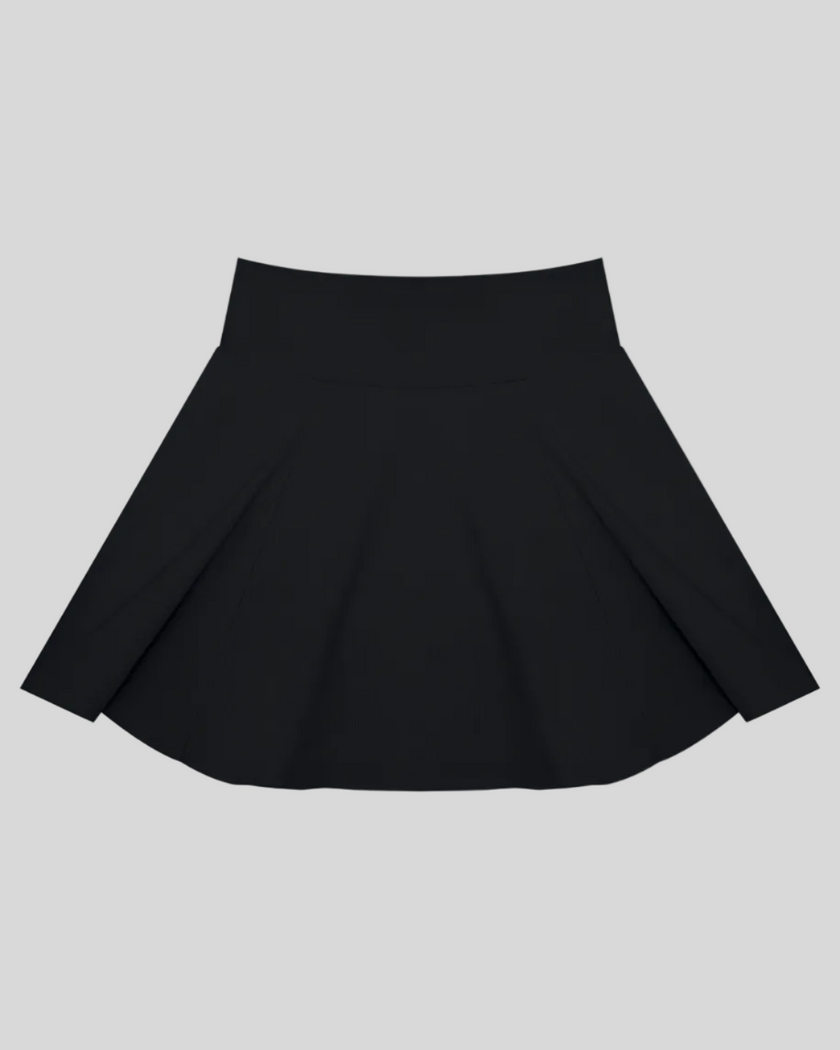 TrackLine Court Skirt in Black front view featuring a flattering high-rise waistband and A-line silhouette.