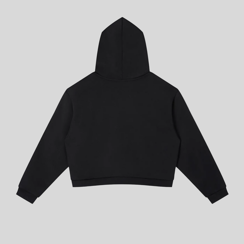 Back view flatlay of the Athlesi TrackLine Cropped Hoodie in black
