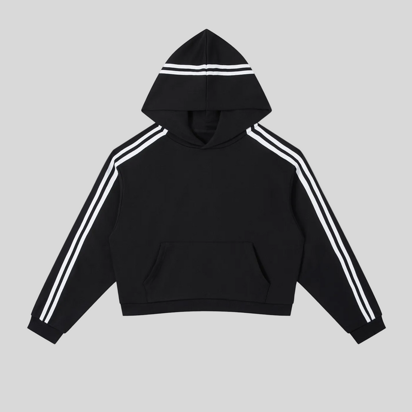 Athlesi TrackLine Cropped Hoodie in black with contrast stripe detailing shown in flatlay front view
