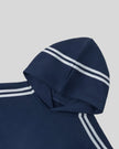 Closeup of the hood and neckline detail on the Athlesi TrackLine Cropped Hoodie in blue