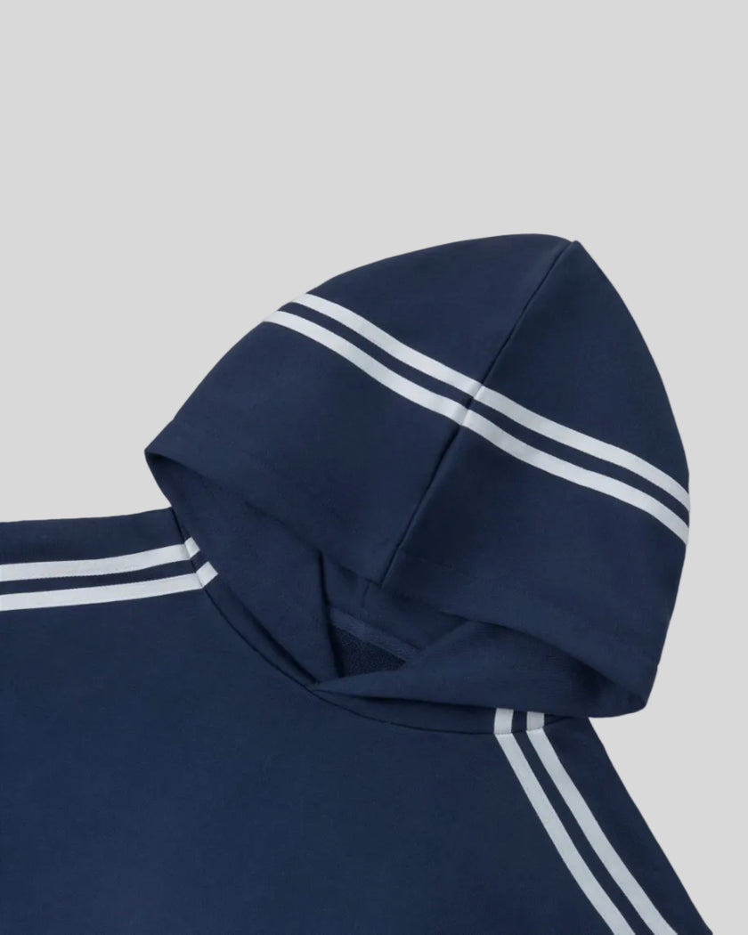 Closeup of the hood and neckline detail on the Athlesi TrackLine Cropped Hoodie in blue