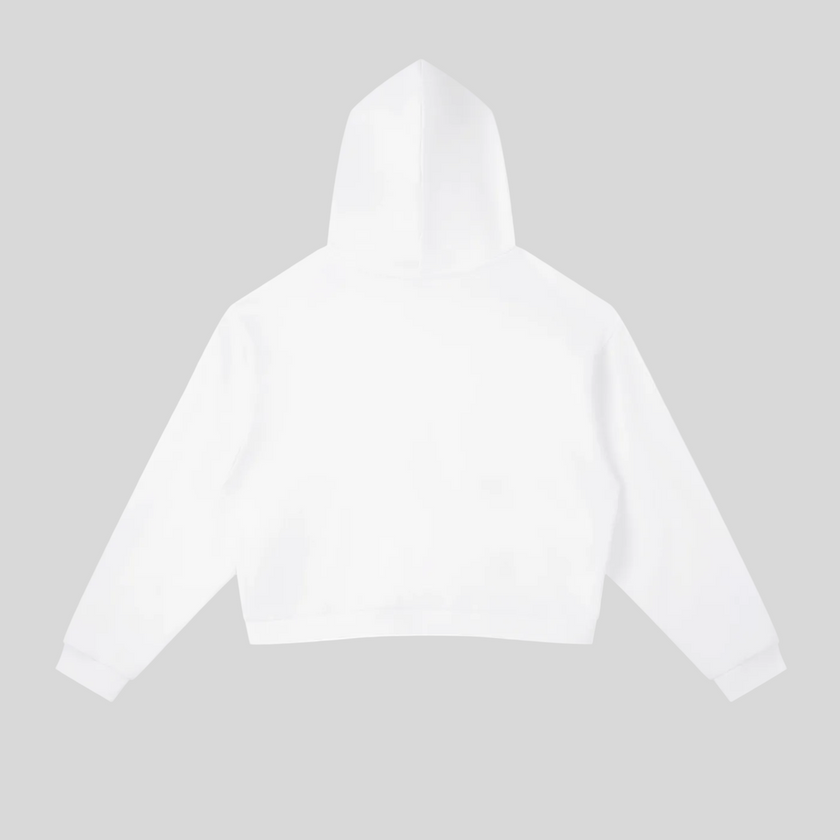 Back view flatlay of the Athlesi TrackLine Cropped Hoodie in white