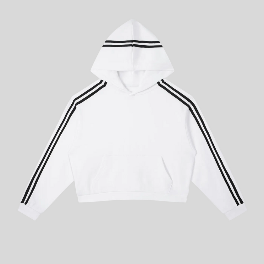 Athlesi TrackLine Cropped Hoodie in white with contrast stripe detailing shown in flatlay front view