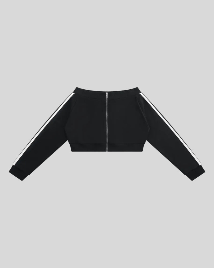 TrackLine Edge Jacket in Black with contrast white sleeve stripes front view
