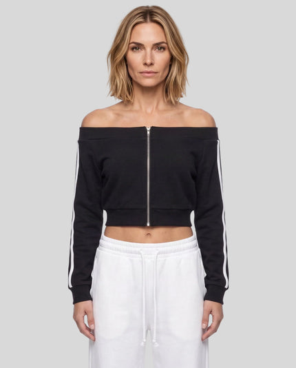 Upper body front view of woman wearing TrackLine Edge Jacket zipped closed in Black