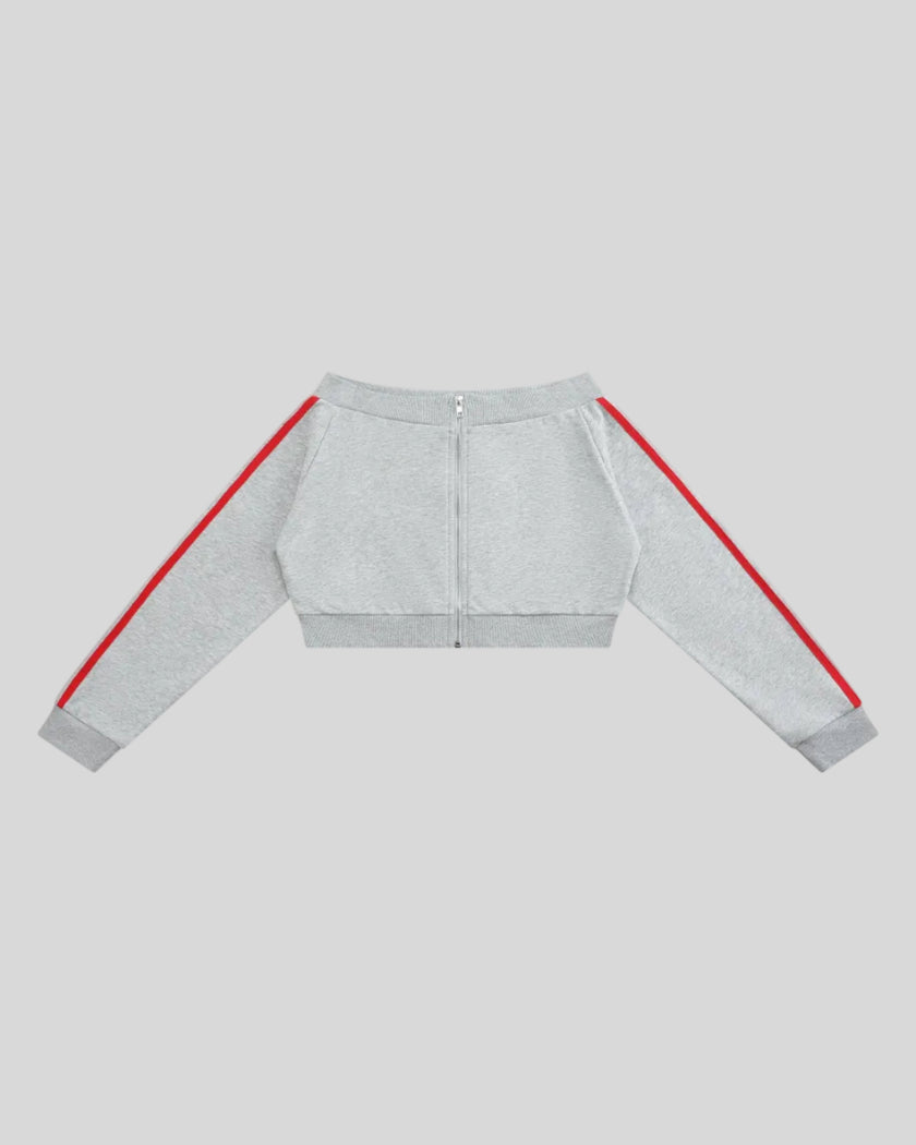TrackLine Edge Jacket in Flower Gray with contrast red sleeve stripes front view