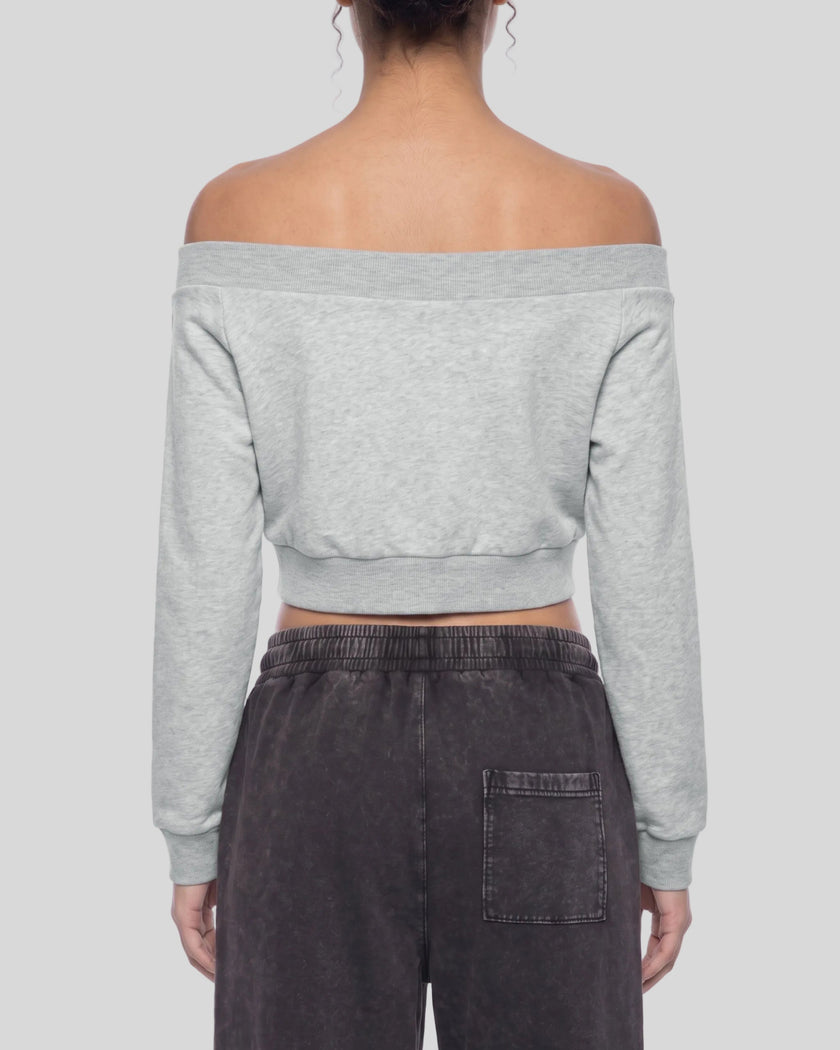 Upper body back view of woman wearing TrackLine Edge Jacket with off-shoulder neckline in Flower Gray