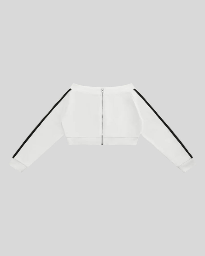 TrackLine Edge Jacket in White with contrast black sleeve stripes front view