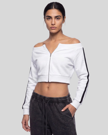 Upper body front view of woman wearing TrackLine Edge Jacket semi-open in White