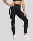 Athlesi TrackLine Edge Leggings in black with white contrast side stripes, lower body front view