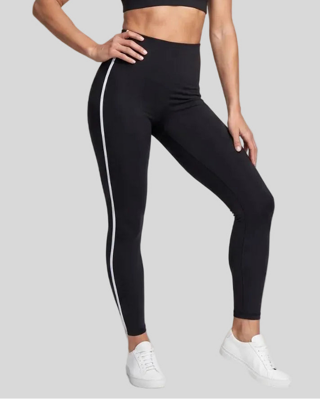 Athlesi TrackLine Edge Leggings in black with white contrast side stripes, lower body front view