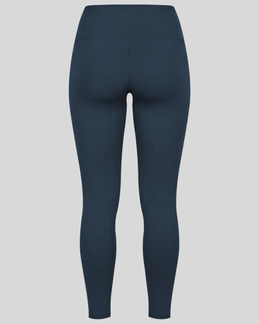Athlesi TrackLine Edge Leggings in navy blue with high-rise waistband and V-shaped back seam, back view