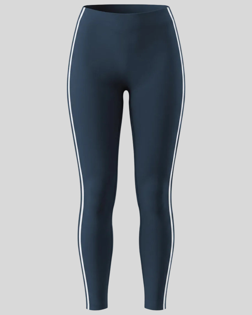 Athlesi TrackLine Edge Leggings in navy blue with white contrast side stripes, front view