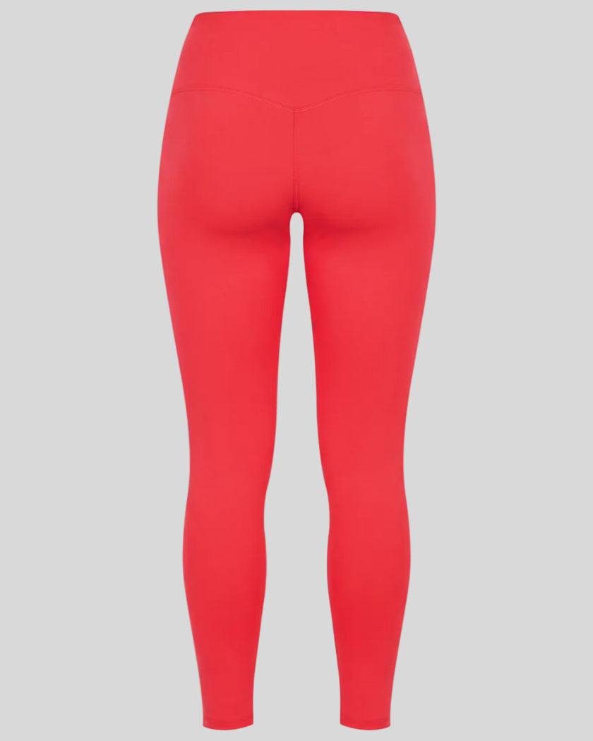 Athlesi TrackLine Edge Leggings in red with high-rise waistband and V-shaped back seam, back view
