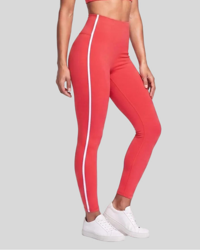 Athlesi TrackLine Edge Leggings in red with white contrast side stripes, lower body front angle view