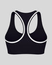 Athlesi TrackLine Edge Sports Bra in black with white contrast trim and racerback design, back view