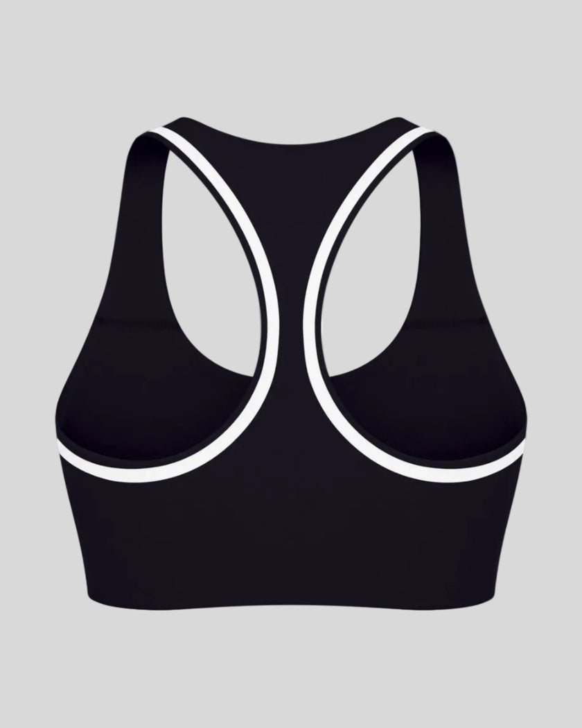Athlesi TrackLine Edge Sports Bra in black with white contrast trim and racerback design, back view