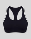 Athlesi TrackLine Edge Sports Bra in black with white contrast trim, front view