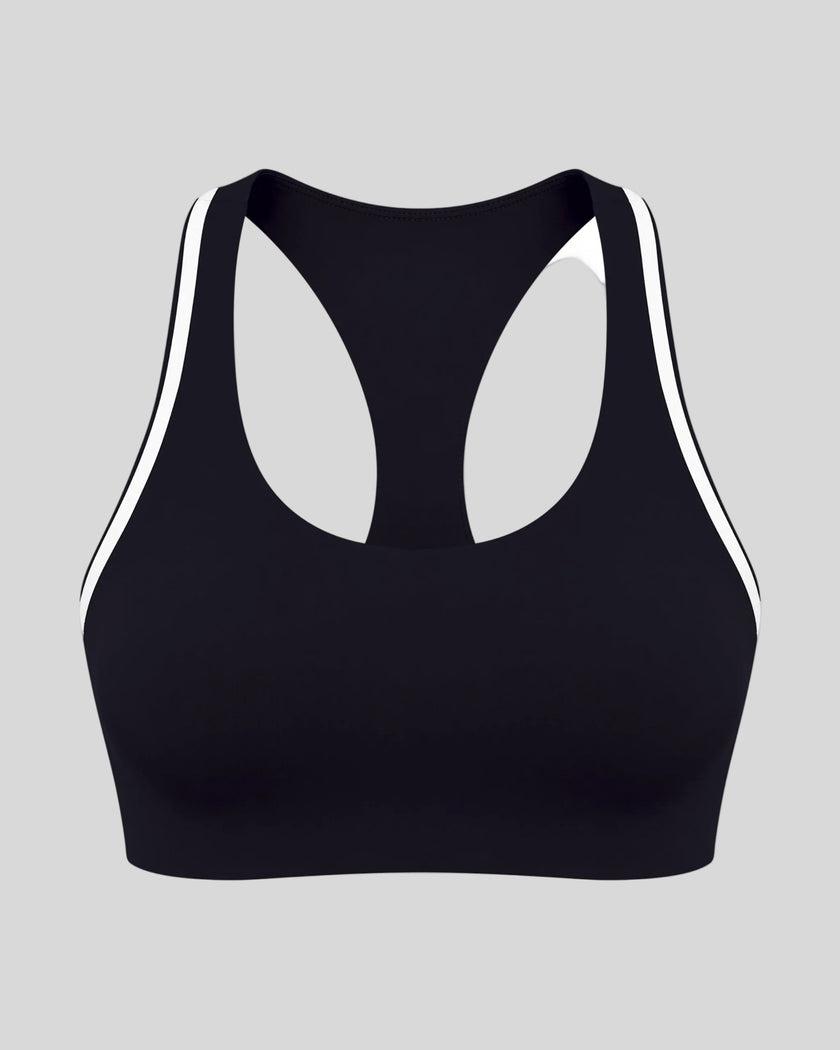 Athlesi TrackLine Edge Sports Bra in black with white contrast trim, front view