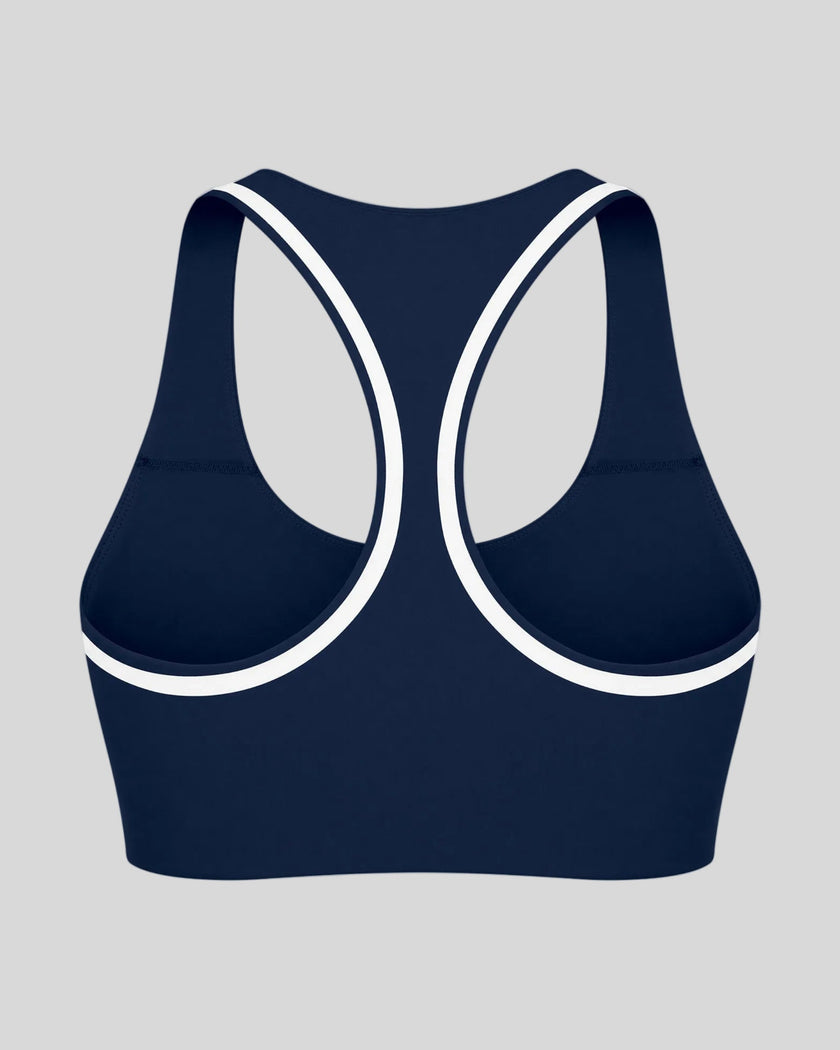 Athlesi TrackLine Edge Sports Bra in navy blue with white contrast trim and racerback design, back view