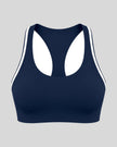 Athlesi TrackLine Edge Sports Bra in navy blue with white contrast trim, front view