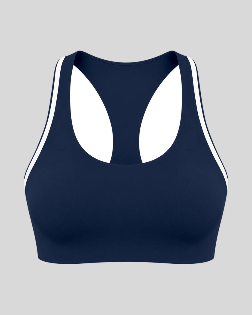Athlesi TrackLine Edge Sports Bra in navy blue with white contrast trim, front view
