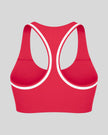 Athlesi TrackLine Edge Sports Bra in red with white contrast trim and racerback design, back view
