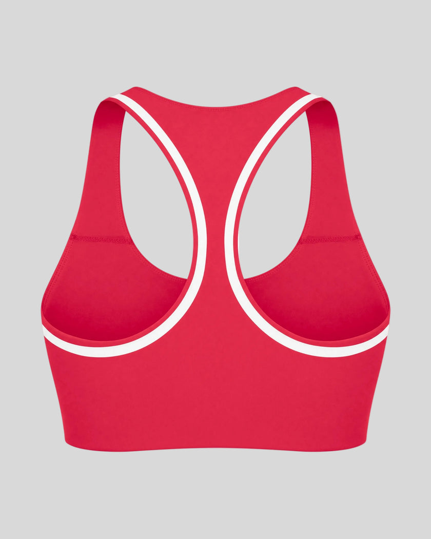 Athlesi TrackLine Edge Sports Bra in red with white contrast trim and racerback design, back view