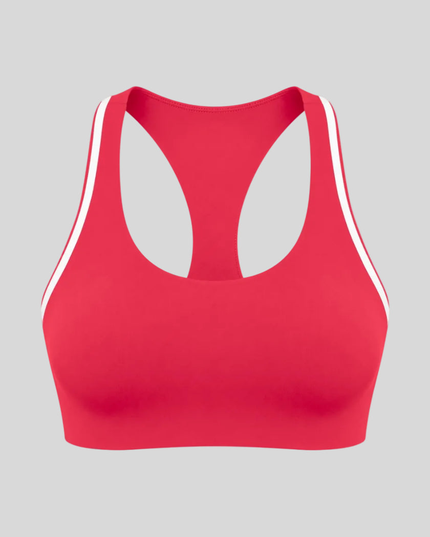 Athlesi TrackLine Edge Sports Bra in red with white contrast trim, front view