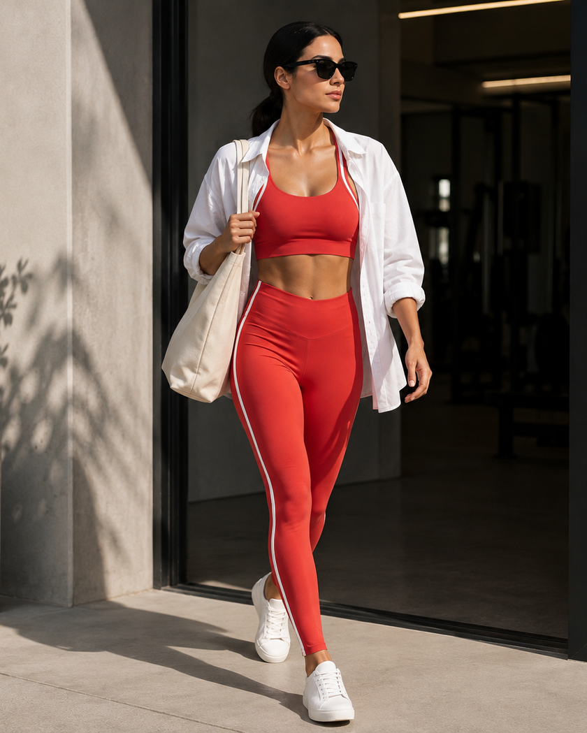 A woman walks outdoors wearing a red and white TrackLine Edge Sports Bra and matching high-waisted Leggings, a white button-up shirt, white sneakers, and a cream tote bag.