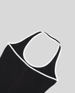Back neckline detail closeup of the Athlesi TrackLine Halter Dress in black