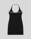 Back view flatlay of the Athlesi TrackLine Halter Dress in black