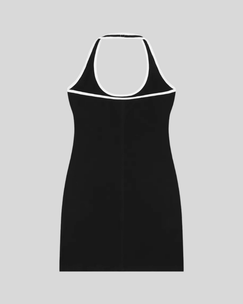Back view flatlay of the Athlesi TrackLine Halter Dress in black