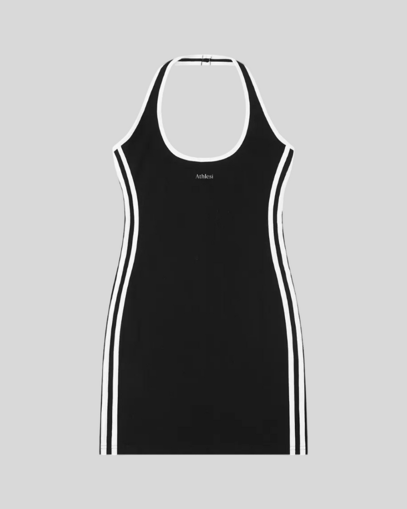 Athlesi TrackLine Halter Dress in black shown in flatlay front view