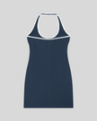 Back view flatlay of the Athlesi TrackLine Halter Dress in blue
