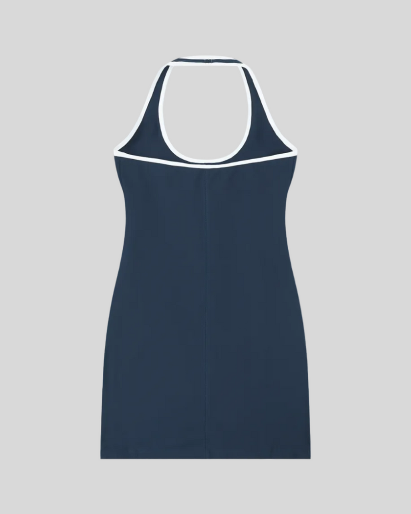 Back view flatlay of the Athlesi TrackLine Halter Dress in blue