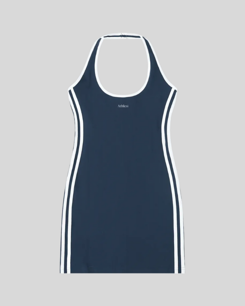 Athlesi TrackLine Halter Dress in blue shown in flatlay front view