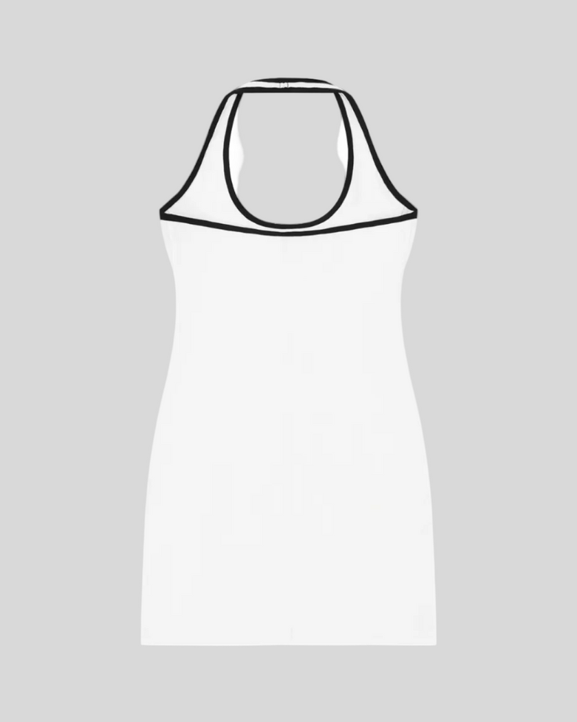 Back view flatlay of the Athlesi TrackLine Halter Dress in white