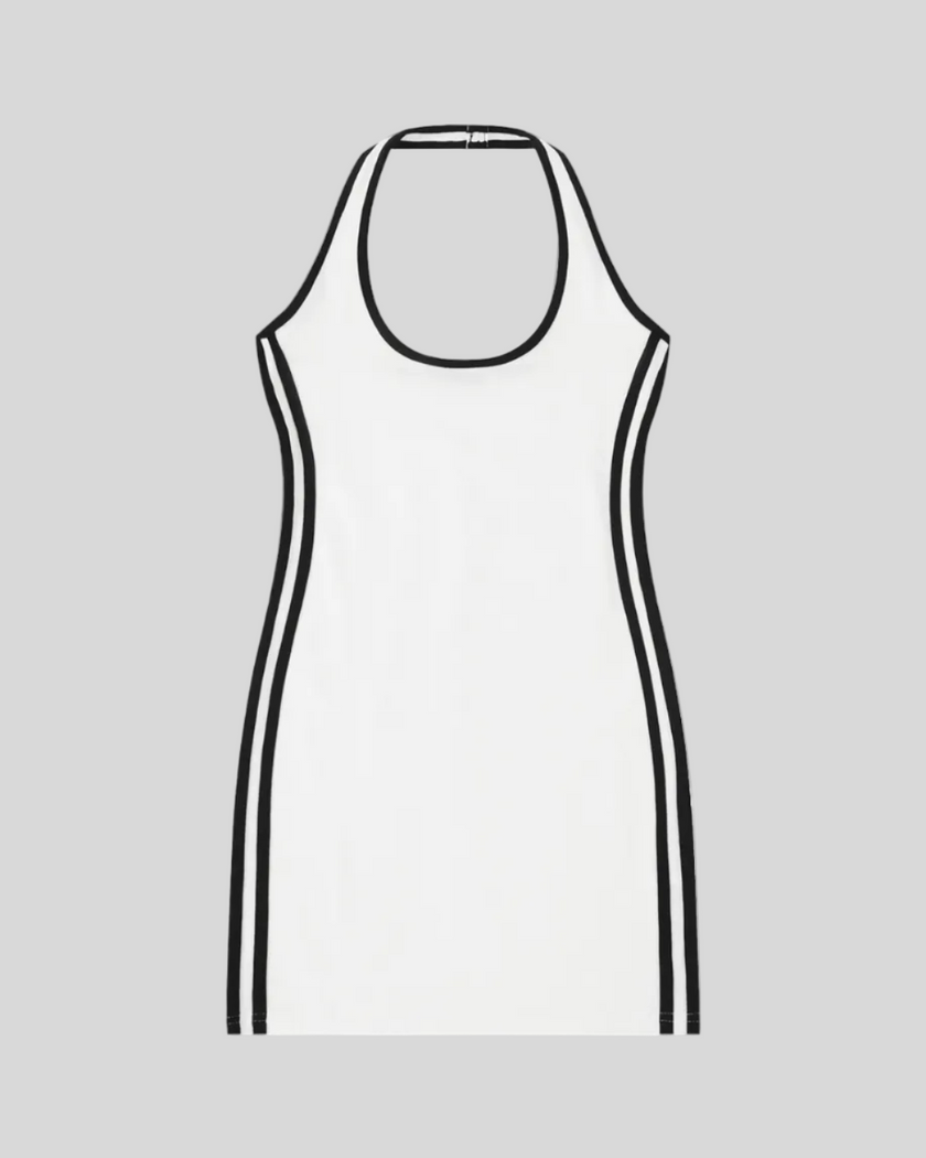 Athlesi TrackLine Halter Dress in white shown in flatlay front view