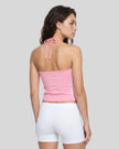 Back view of a woman wearing the Athlesi TrackLine Halter Tank in pink and white