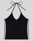 Back view of the Athlesi TrackLine Halter Tank in black and white shown in flatlay product view