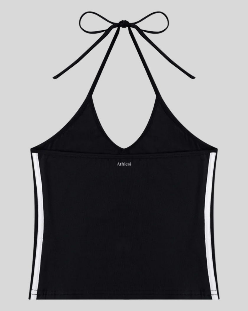 Back view of the Athlesi TrackLine Halter Tank in black and white shown in flatlay product view