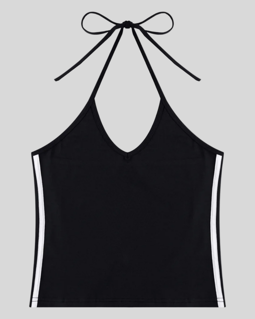 Athlesi TrackLine Halter Tank in black and white shown in flatlay front view