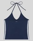 Back view of the Athlesi TrackLine Halter Tank in navy blue and white shown in flatlay product view