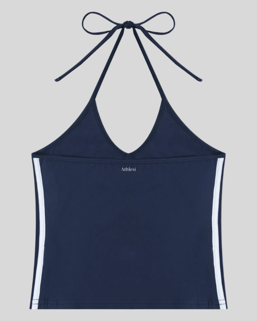 Back view of the Athlesi TrackLine Halter Tank in navy blue and white shown in flatlay product view
