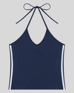 Athlesi TrackLine Halter Tank in navy blue and white shown in flatlay front view