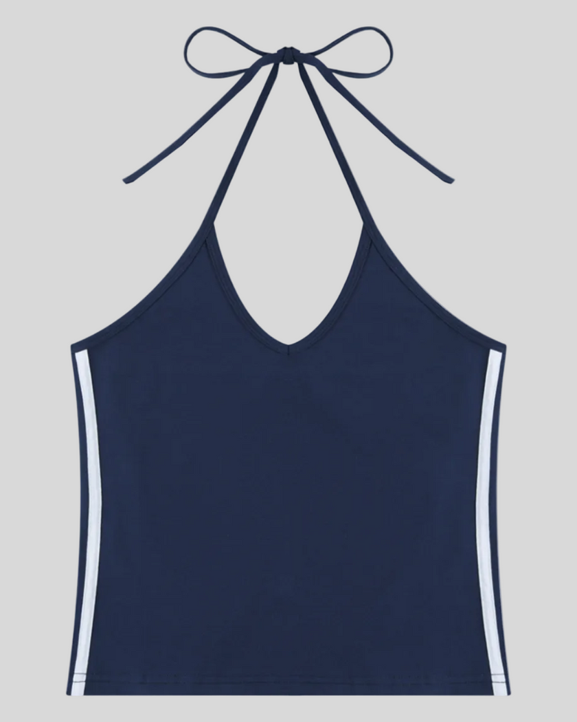 Athlesi TrackLine Halter Tank in navy blue and white shown in flatlay front view