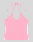 Back view of the Athlesi TrackLine Halter Tank in pink and white shown in flatlay product view