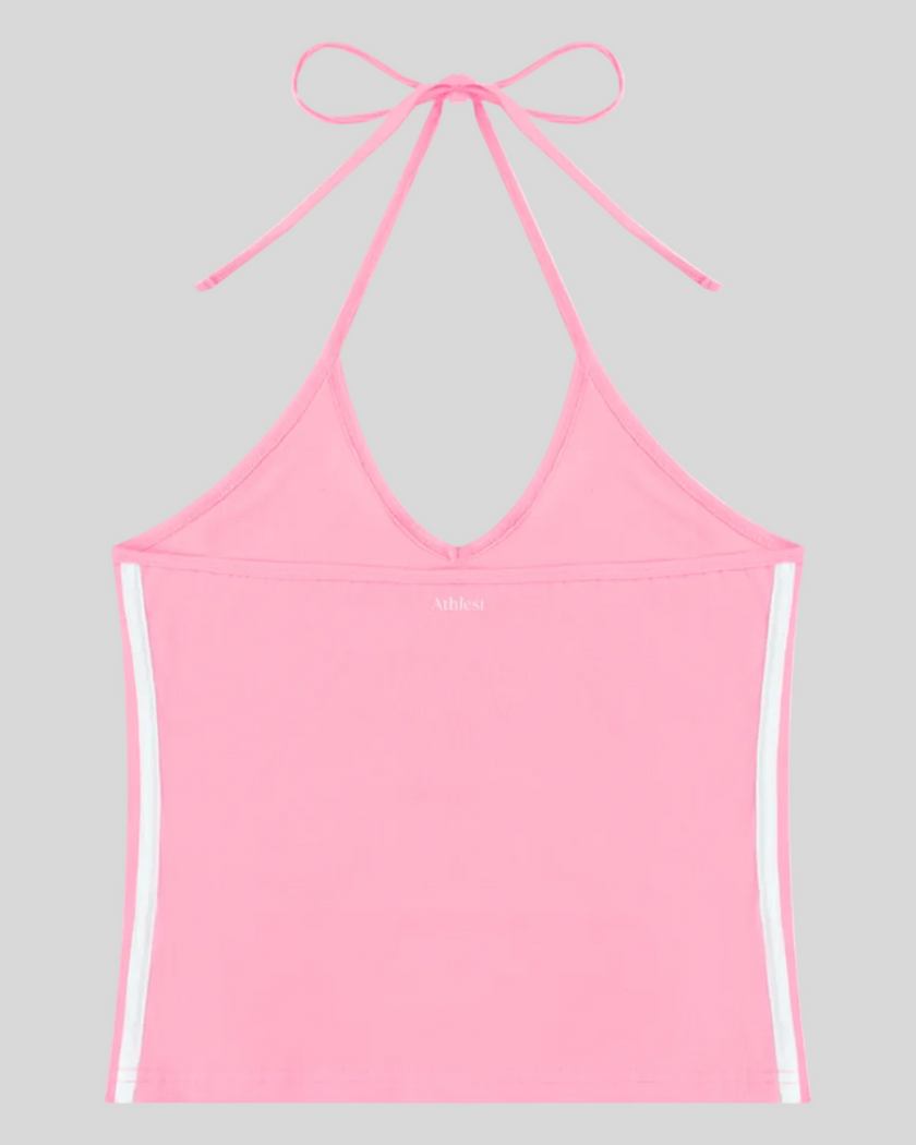 Back view of the Athlesi TrackLine Halter Tank in pink and white shown in flatlay product view